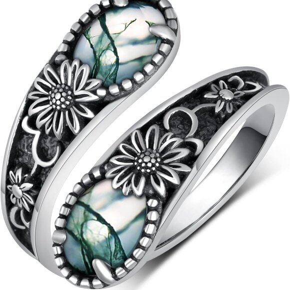 Sterling Silver Moss Agate Ring Vintage Antique Inspired Adjustable Jewelry - Picture 1 of 6